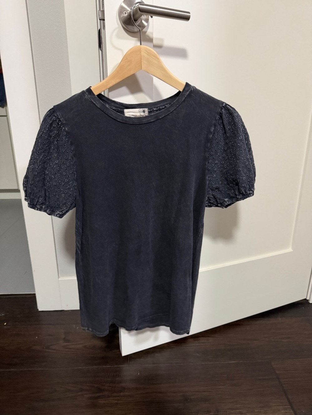 everleigh Puff Eyelet Short Sleeve Tee in Charcoal Black